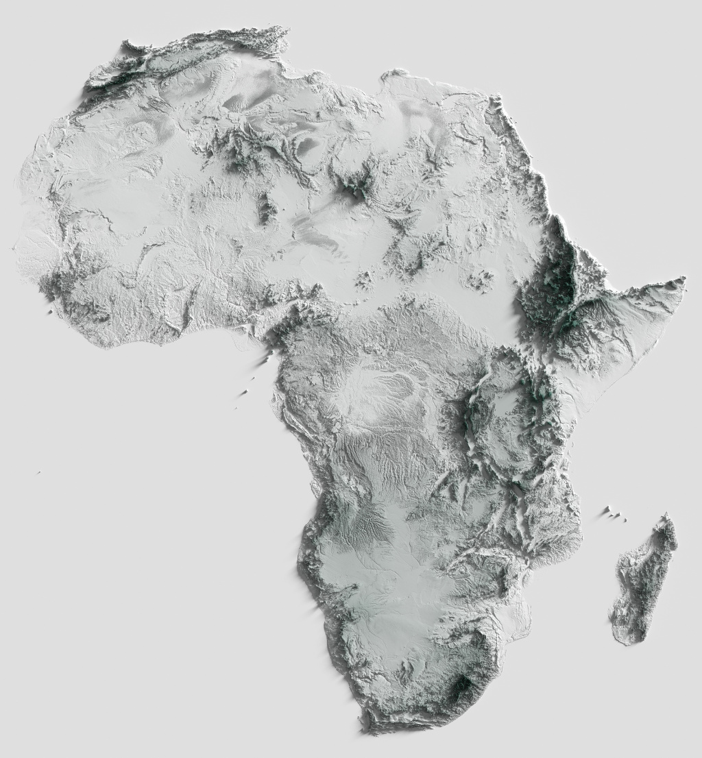 Preview of terrain heightmap render of Africa using heightfield shading mapping