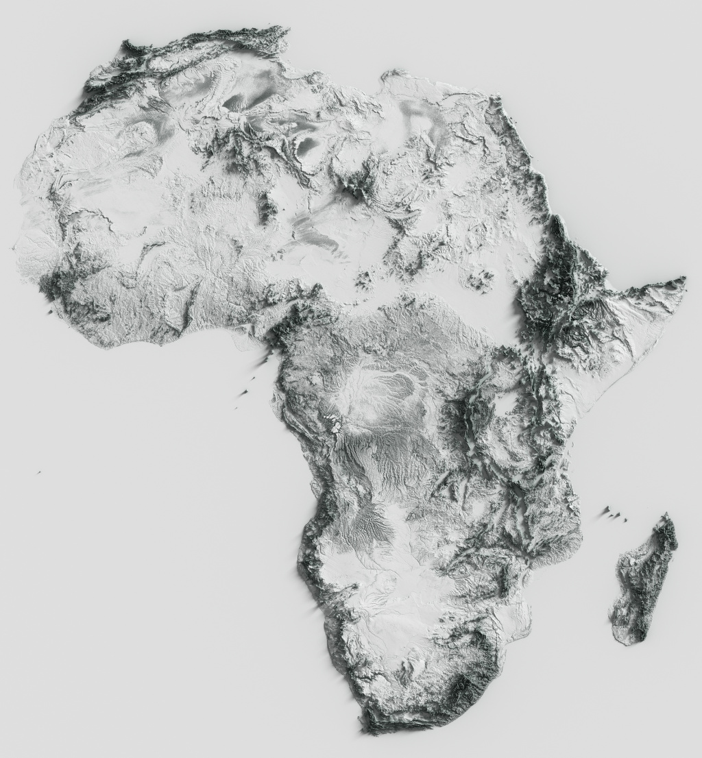 Preview of terrain heightmap render of Africa using occlusion shading mapping
