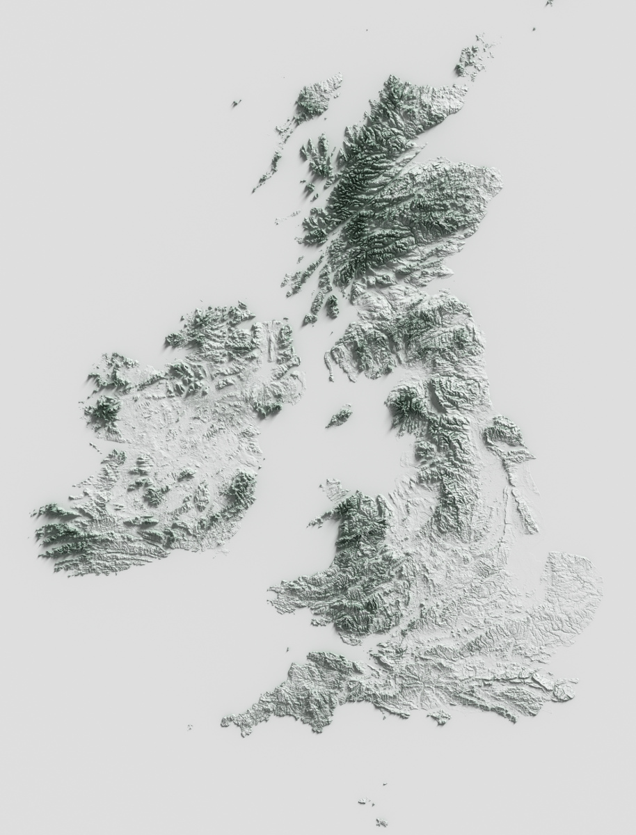 Preview of terrain heightmap render of The British Isles using occlusion shading mapping