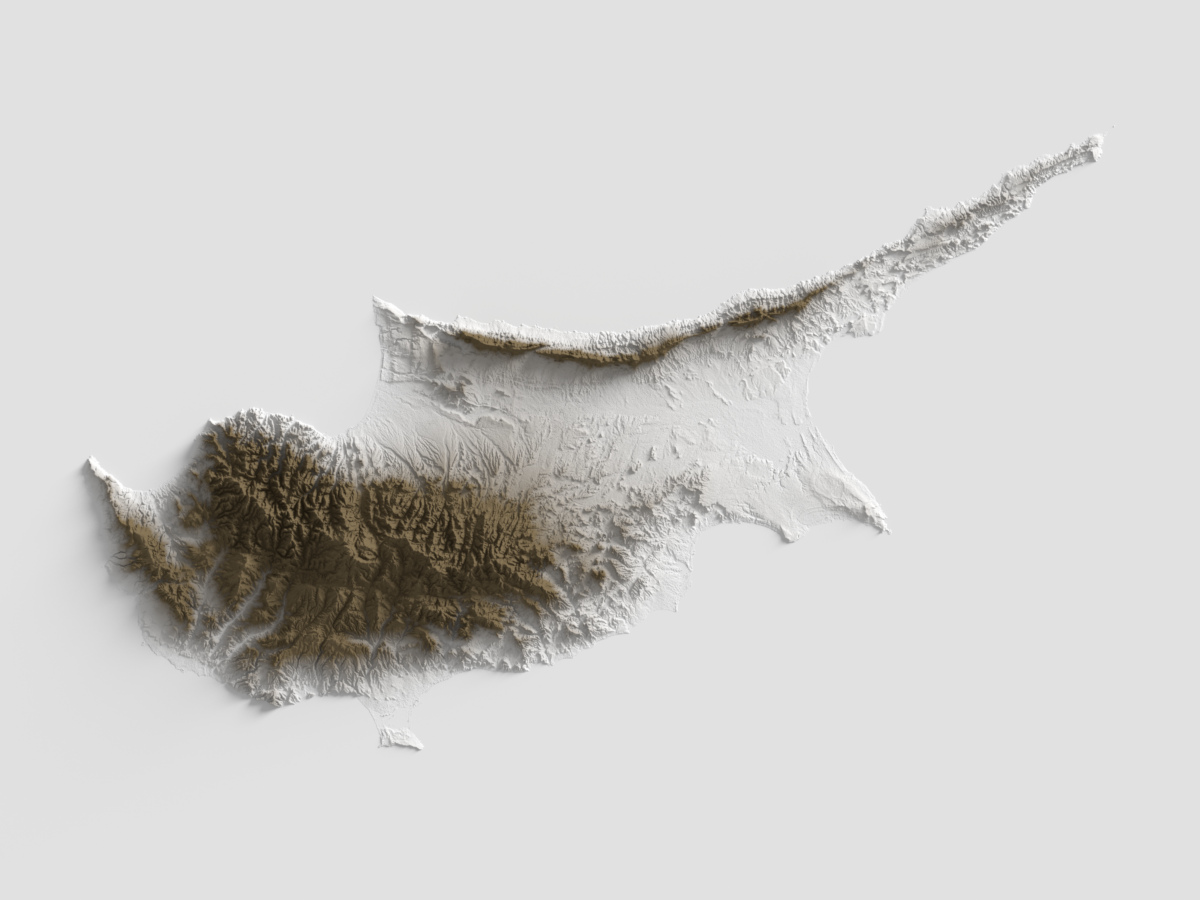 Preview of terrain heightmap render of the island of Cyprus using heightfield shading mapping