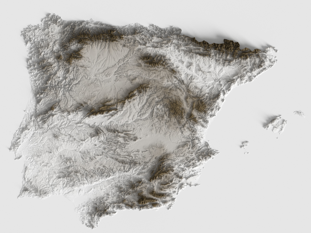 Preview of terrain heightmap render of the Iberian Peninsula using heightfield shading mapping