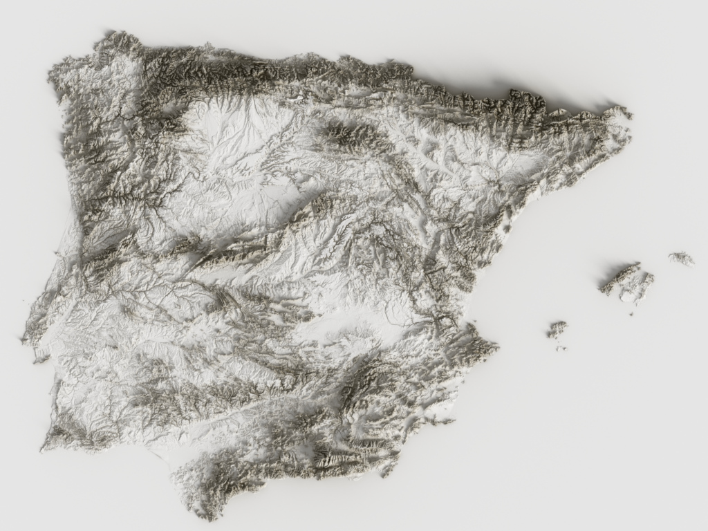 Preview of terrain heightmap render of the Iberian Peninsula using occlusion shading mapping