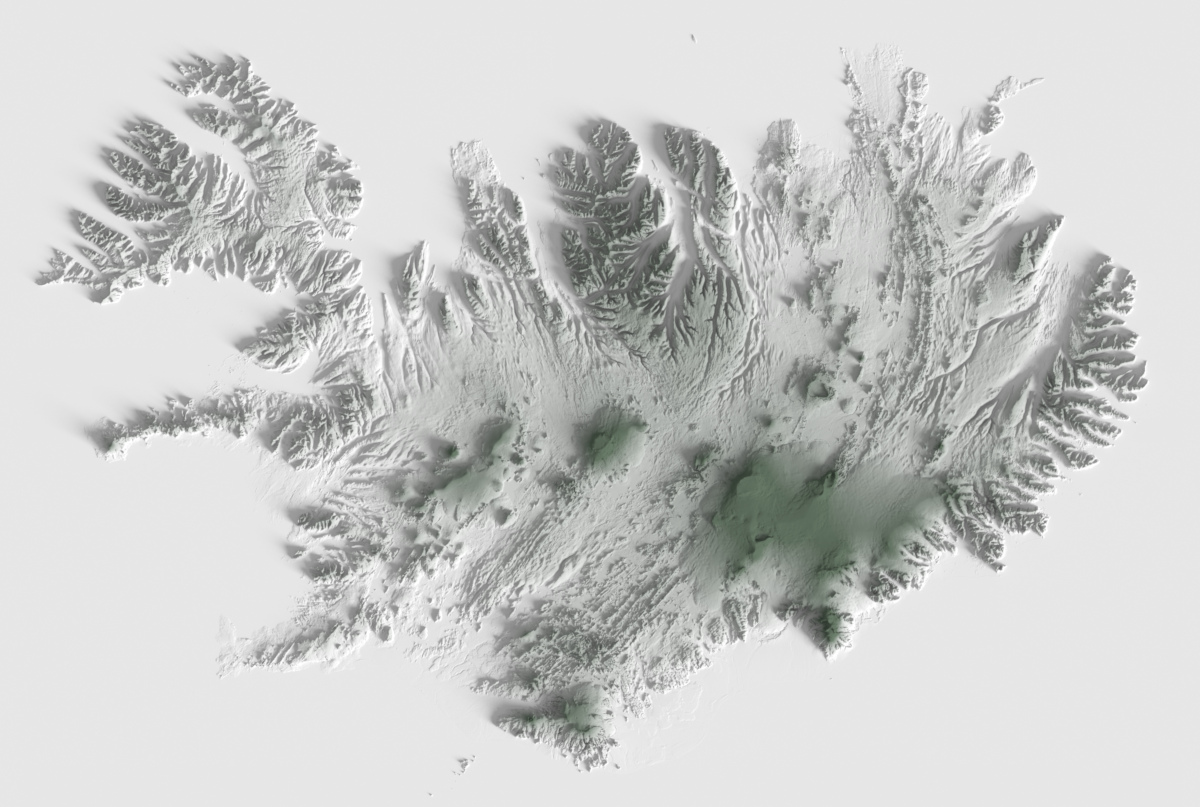 Preview of terrain heightmap render of Iceland using heightfield shading mapping