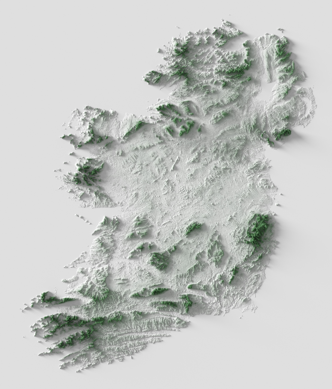 Preview of terrain heightmap render of the island of Ireland using heightfield shading mapping