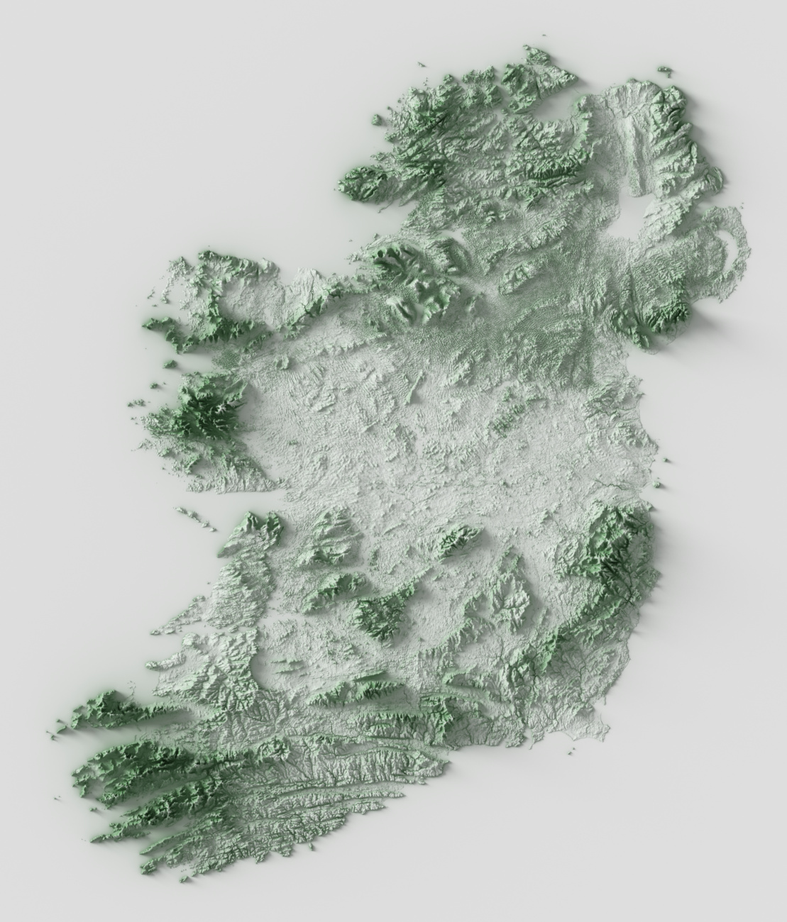 Preview of terrain heightmap render of the island of Ireland using occlusion shading mapping