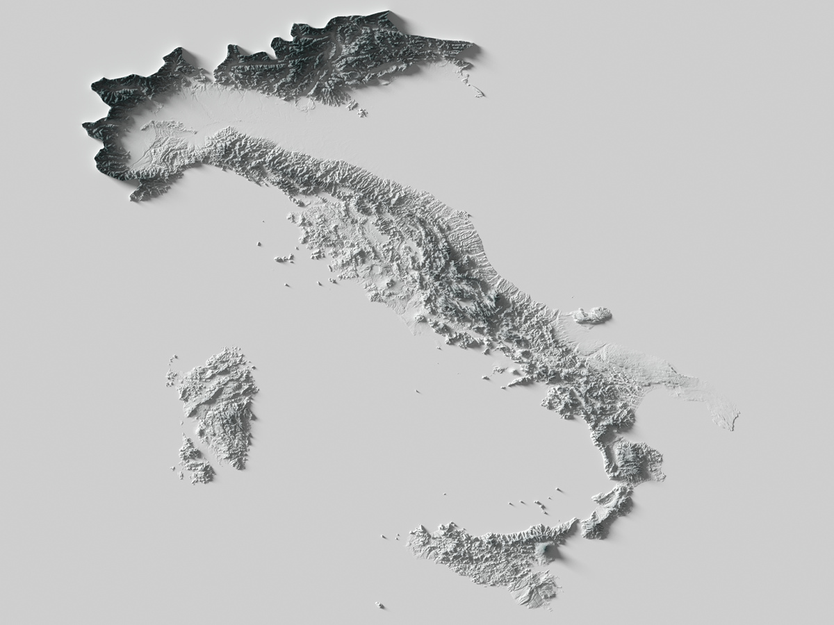 Preview of terrain heightmap render of Italy using heightfield shading mapping