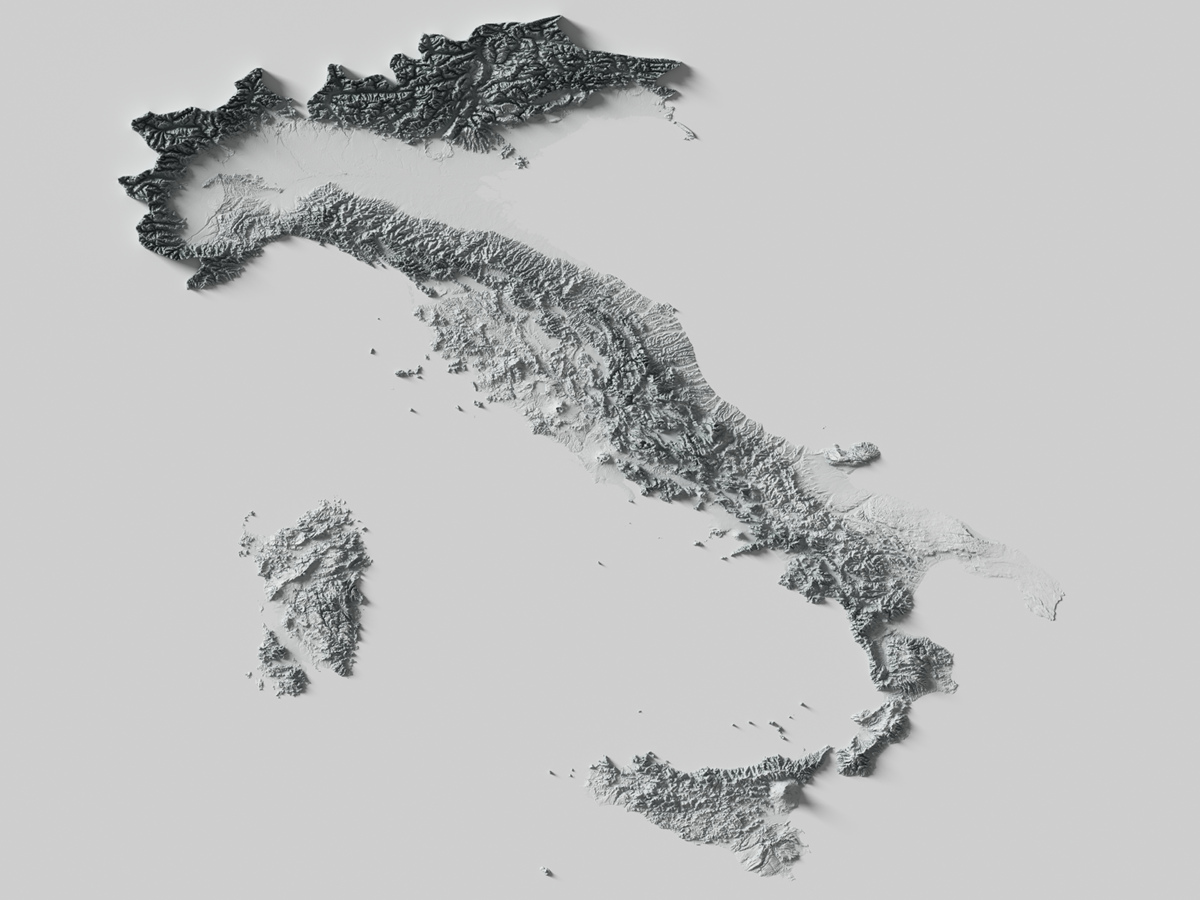 Preview of terrain heightmap render of Italy using occlusion shading mapping
