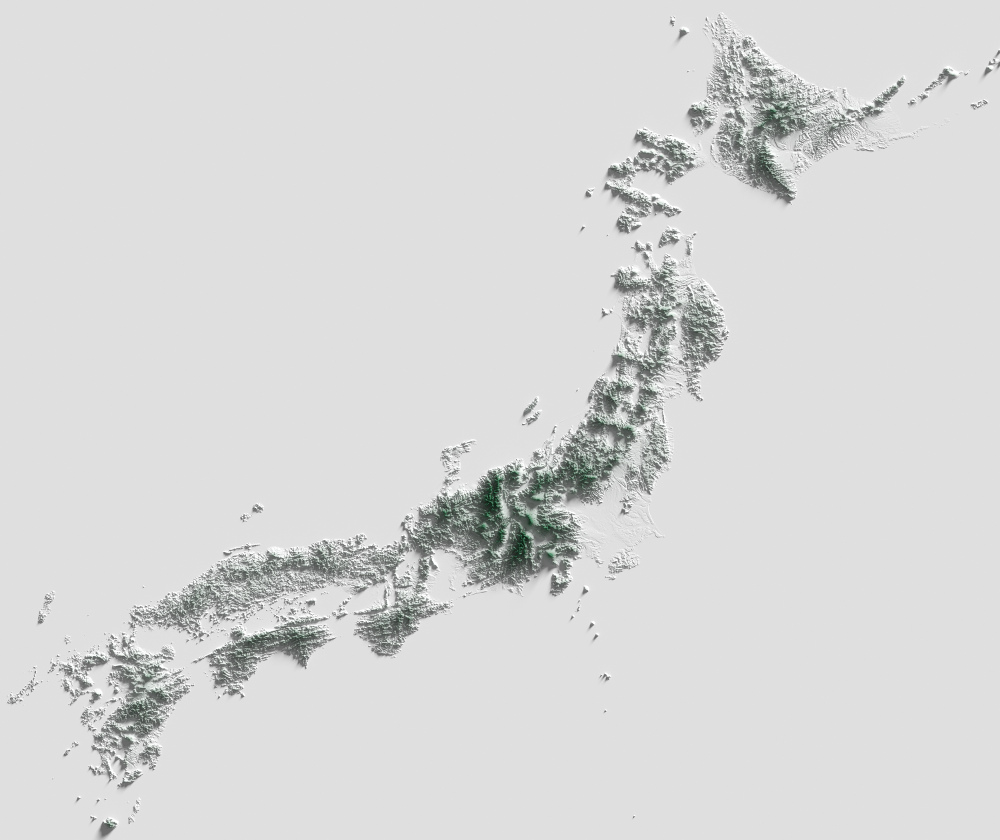 Preview of terrain heightmap render of Japan using heightfield shading mapping
