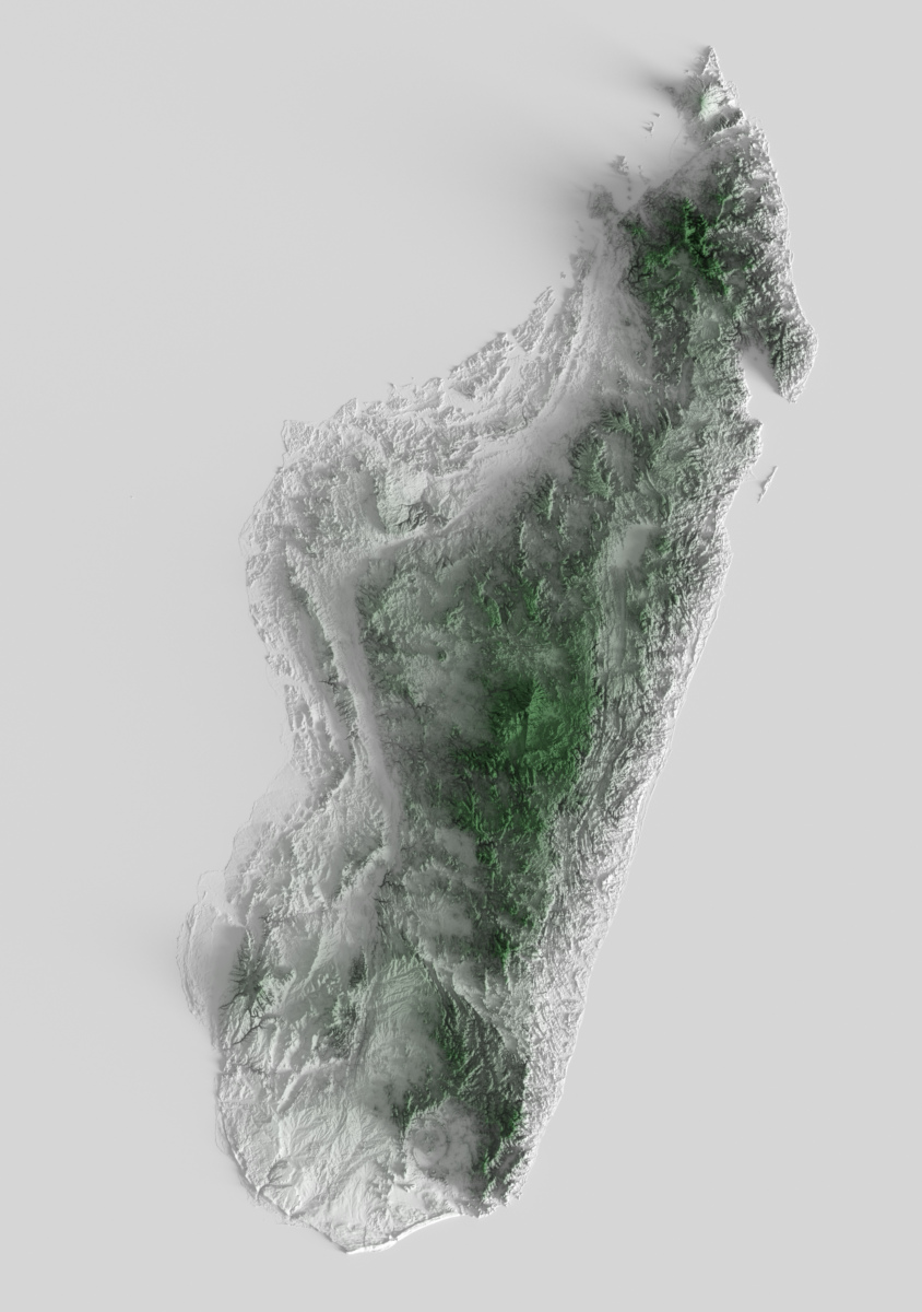 Preview of terrain heightmap render of Madagascar using heightfield shading mapping