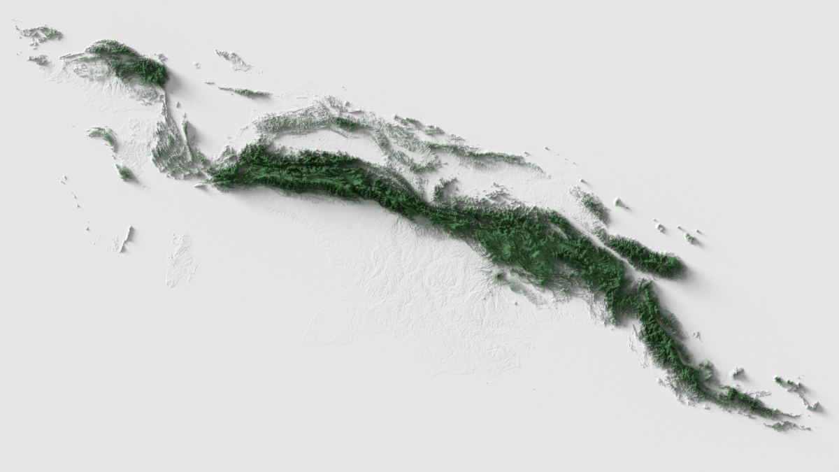 Preview of terrain heightmap render of New Guinea Island using heightfield shading mapping