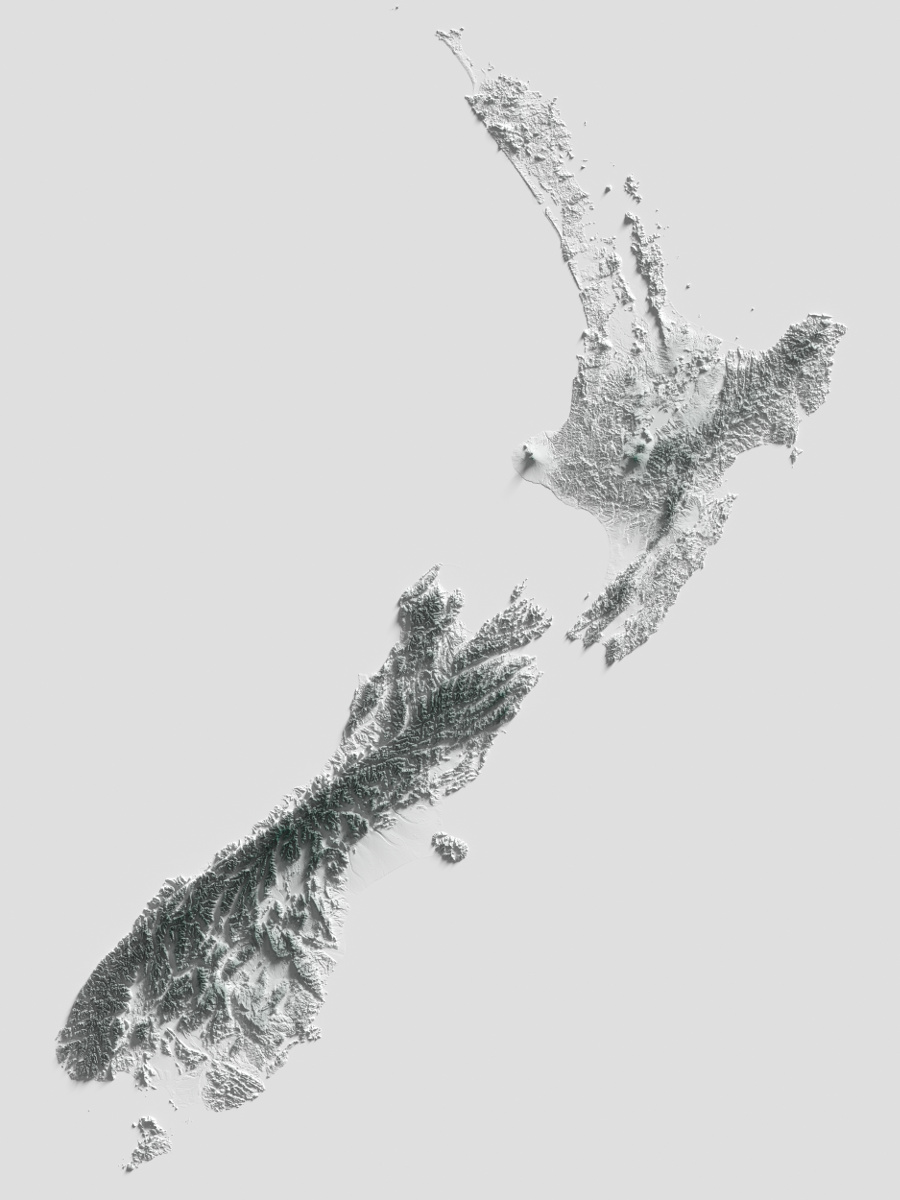 Preview of terrain heightmap render of New Zealand using heightfield shading mapping