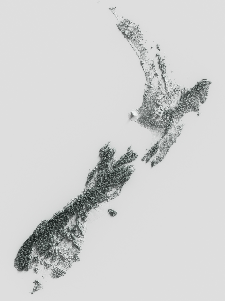 Preview of terrain heightmap render of New Zealand using occlusion shading mapping