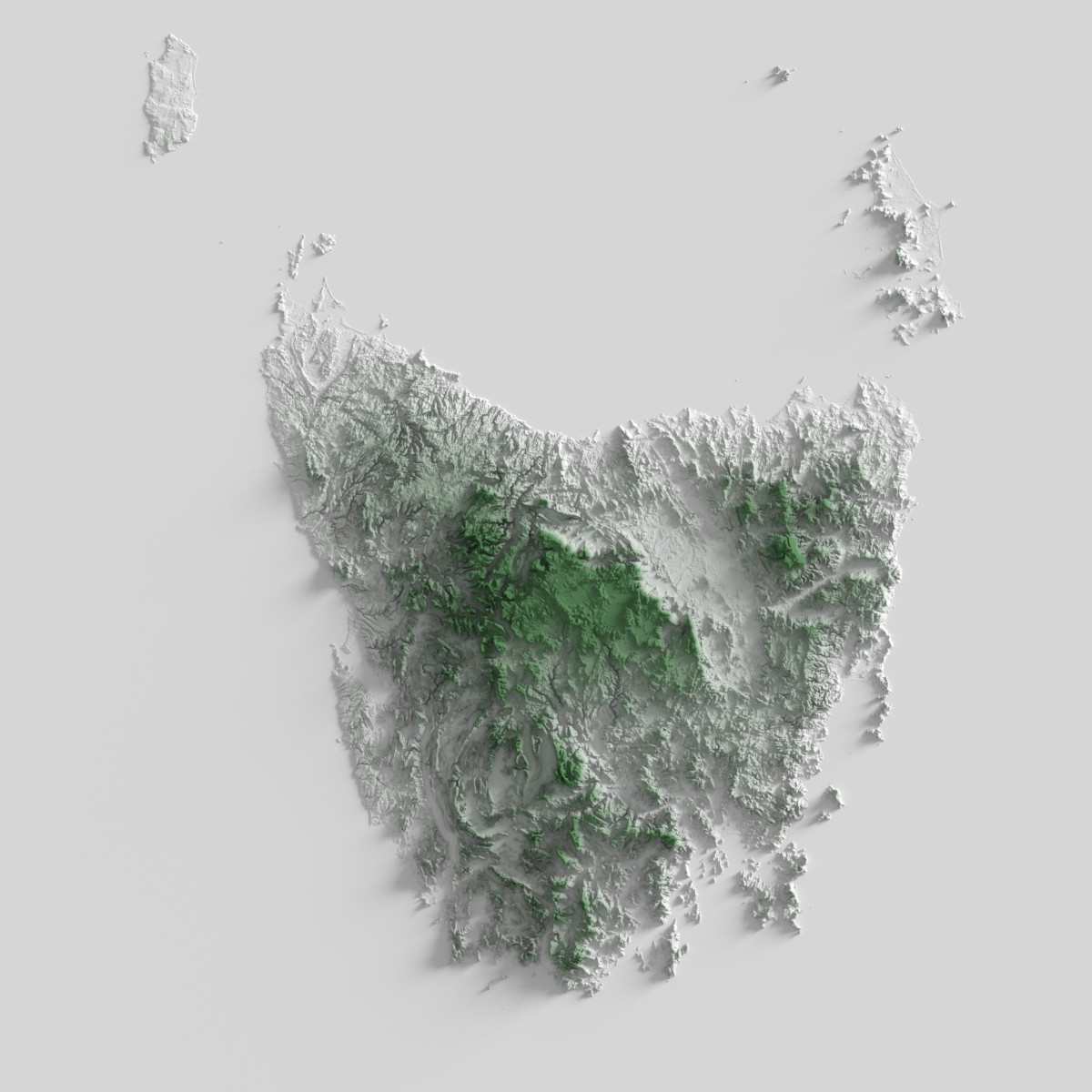 Preview of terrain heightmap render of the Australian state of Tasmania using heightfield shading mapping